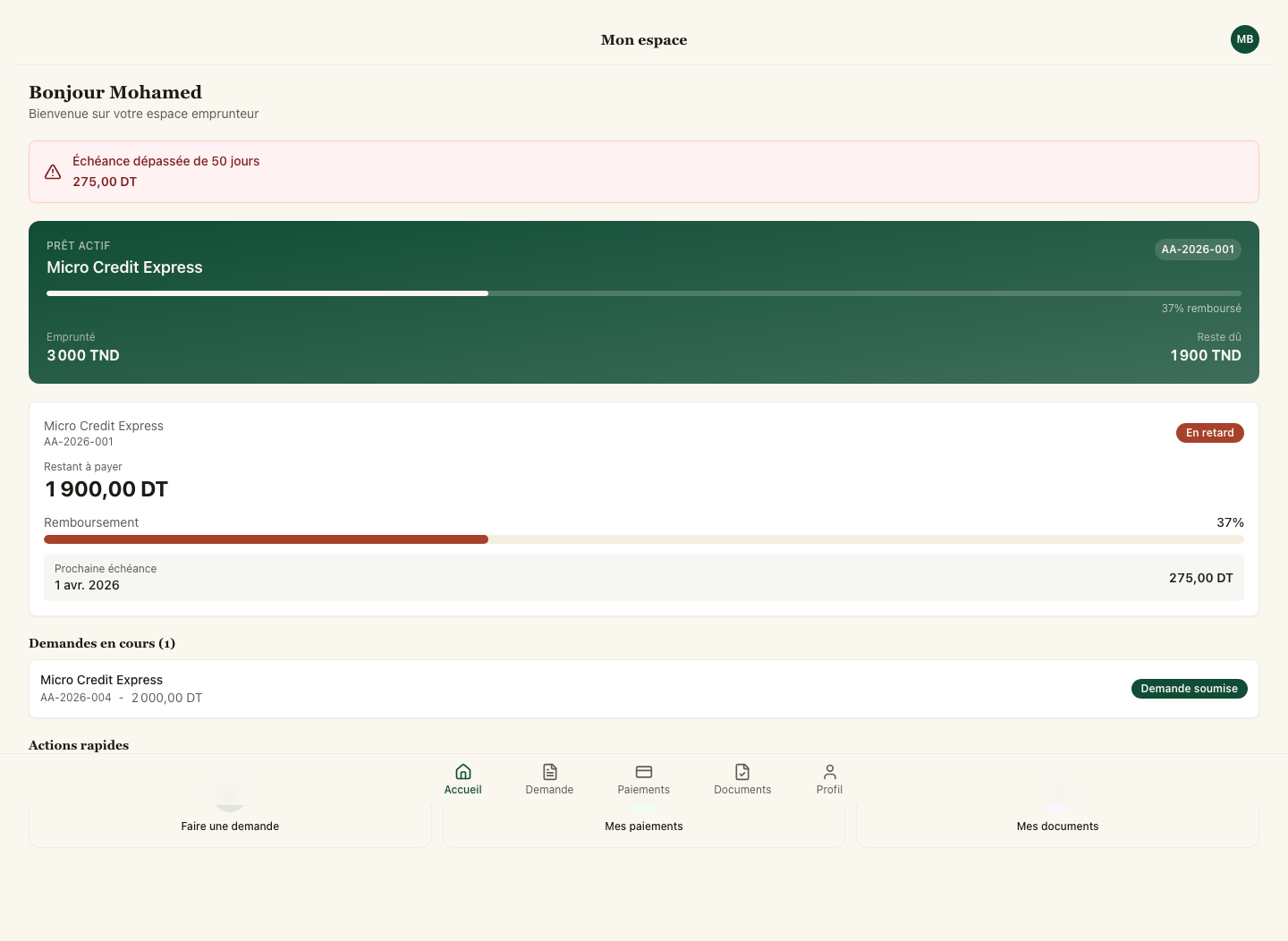 Dashboard emprunteur