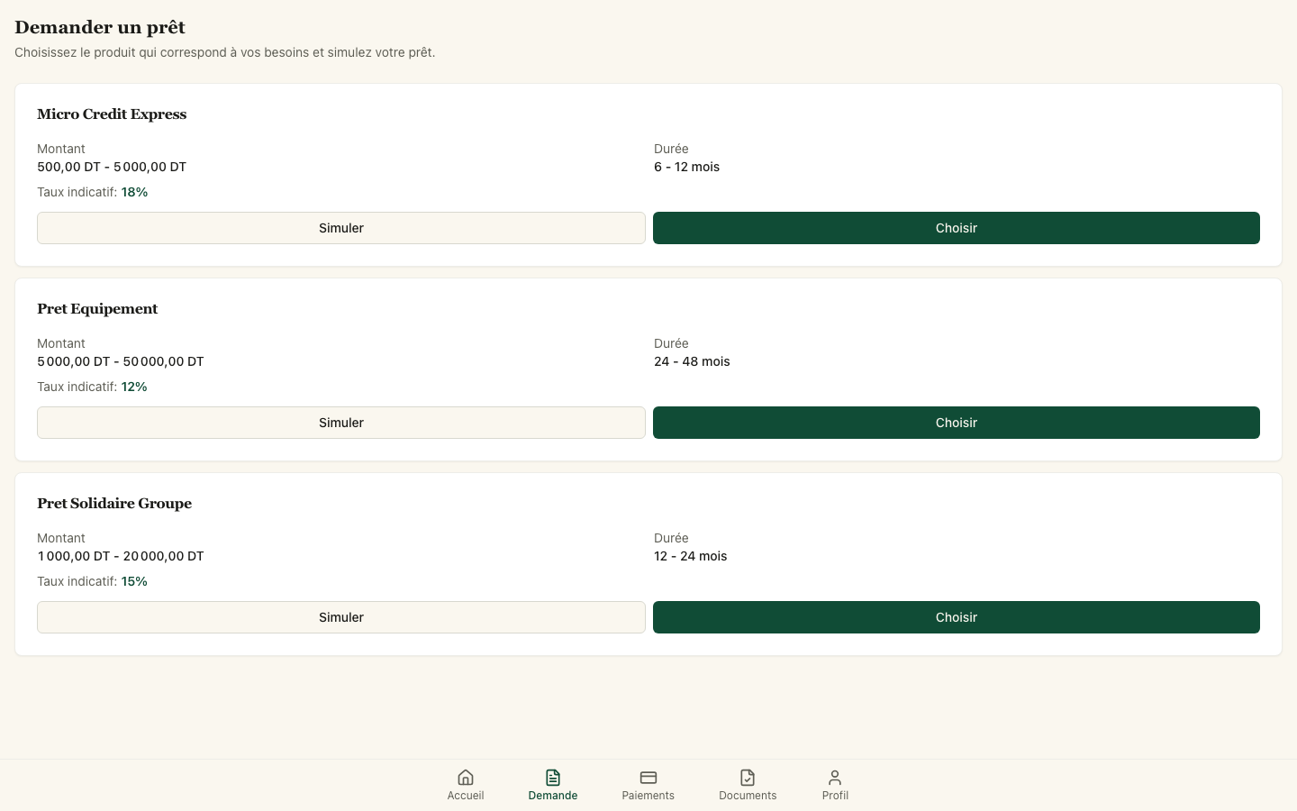 Demander un prêt — sélection produit