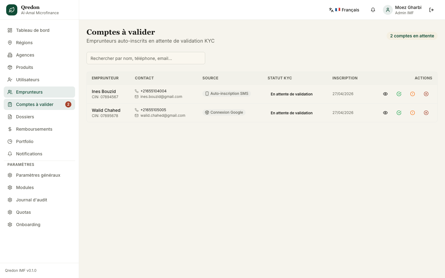 Emprunteurs pending validation